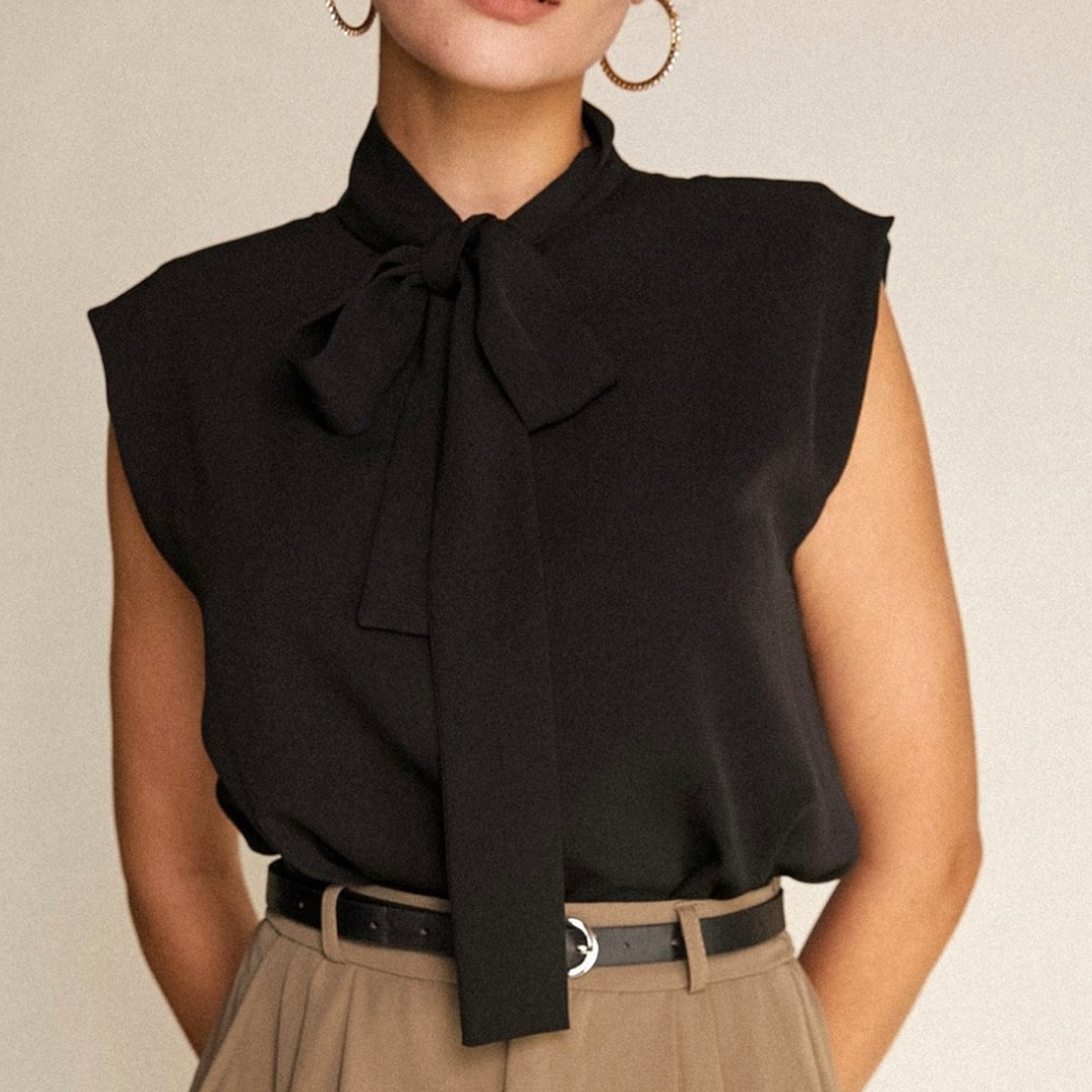 Black Sleeveless Tie Neck Blouse